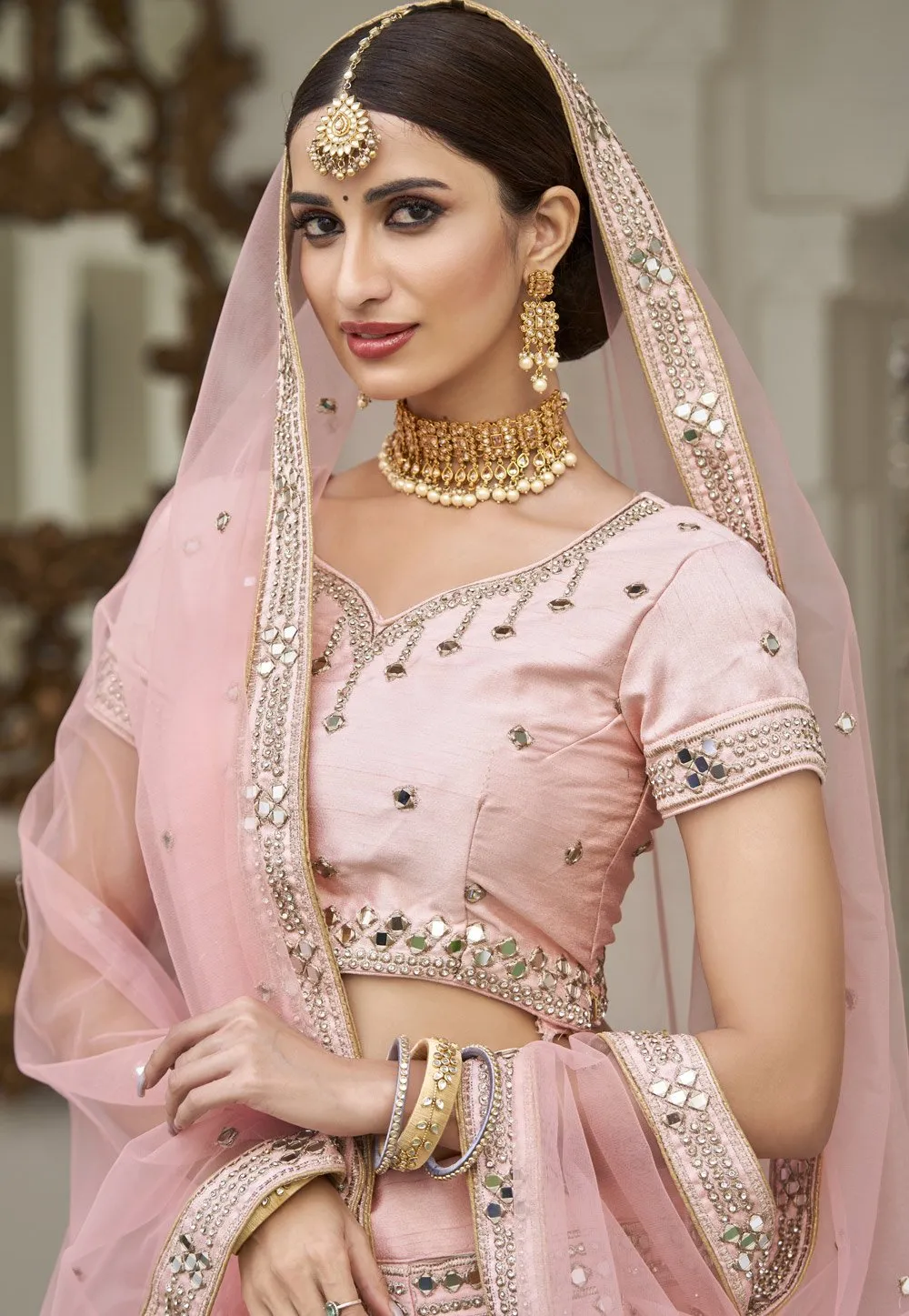 Barbie Pink Mirror Work Embroidered Wedding Lehenga Choli