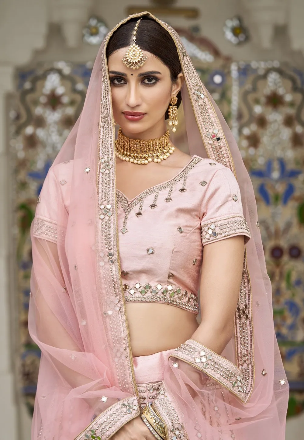 Barbie Pink Mirror Work Embroidered Wedding Lehenga Choli