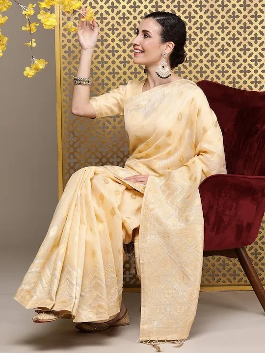 Beige Ethnic Motifs Zari Linen Blend Banarasi Saree