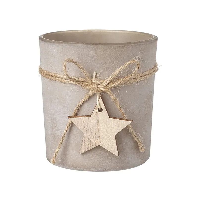 Beige Glass Tealight Candle Holder With Star Tag