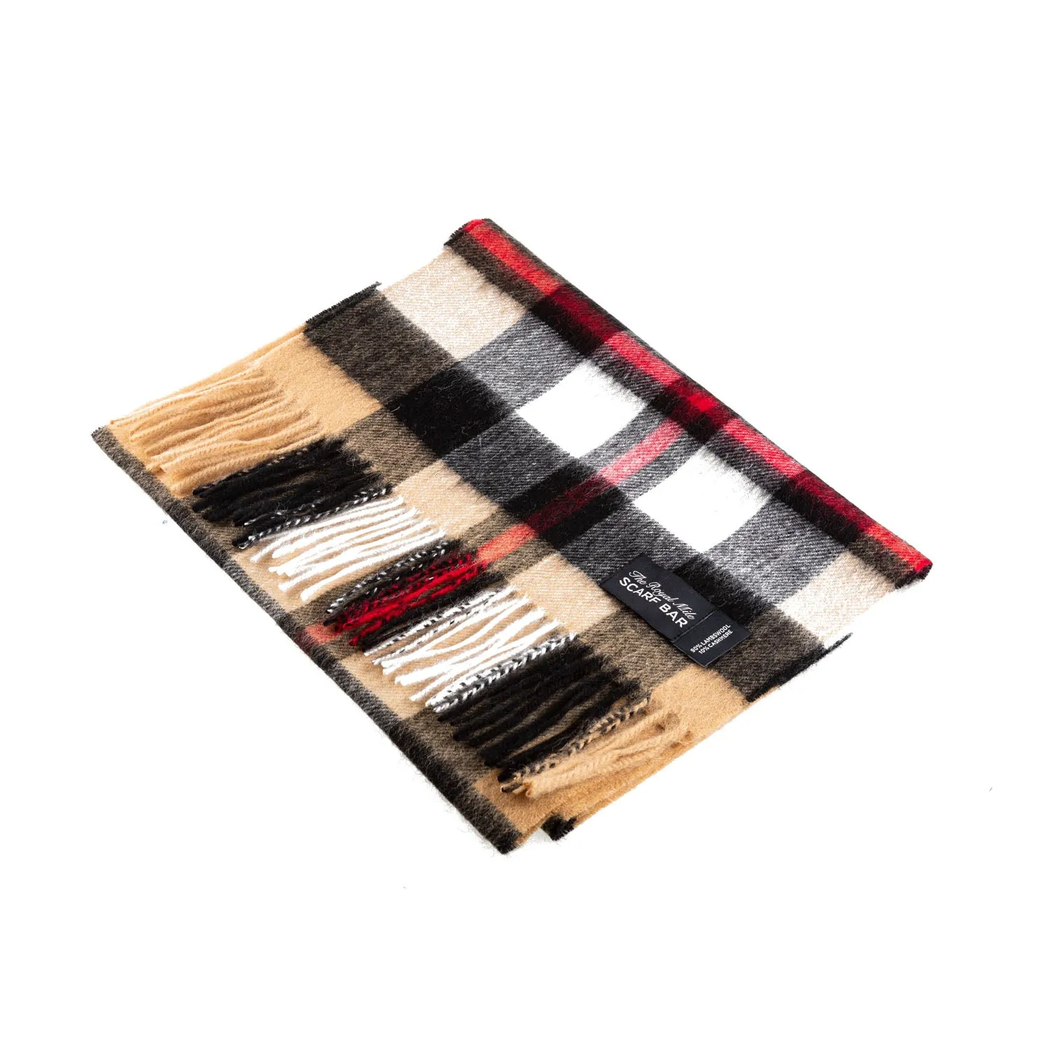 Chequer Tartan 90/10 Cashmere Scarf Bar  Exploded Vicuna