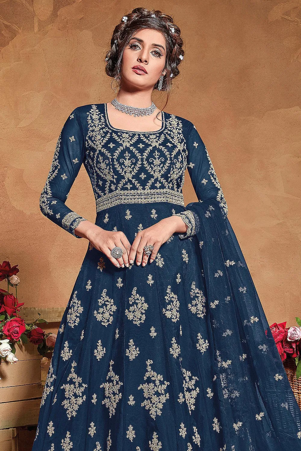 Fabulous Blue Net Embroidered Floor Length Anarkali Suit