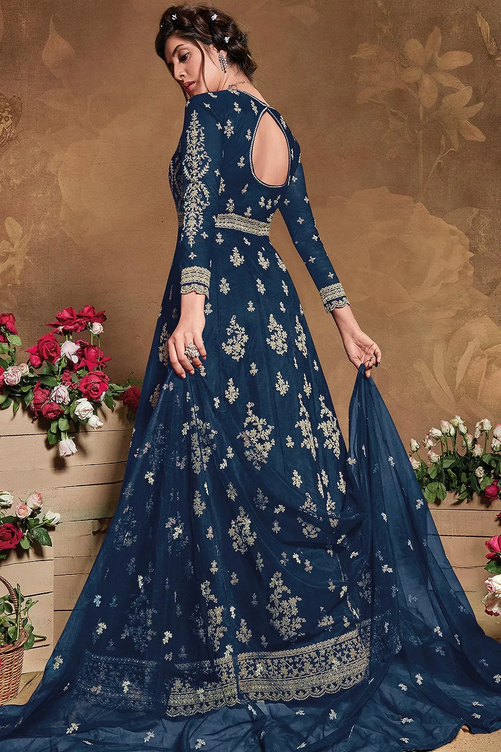 Fabulous Blue Net Embroidered Floor Length Anarkali Suit