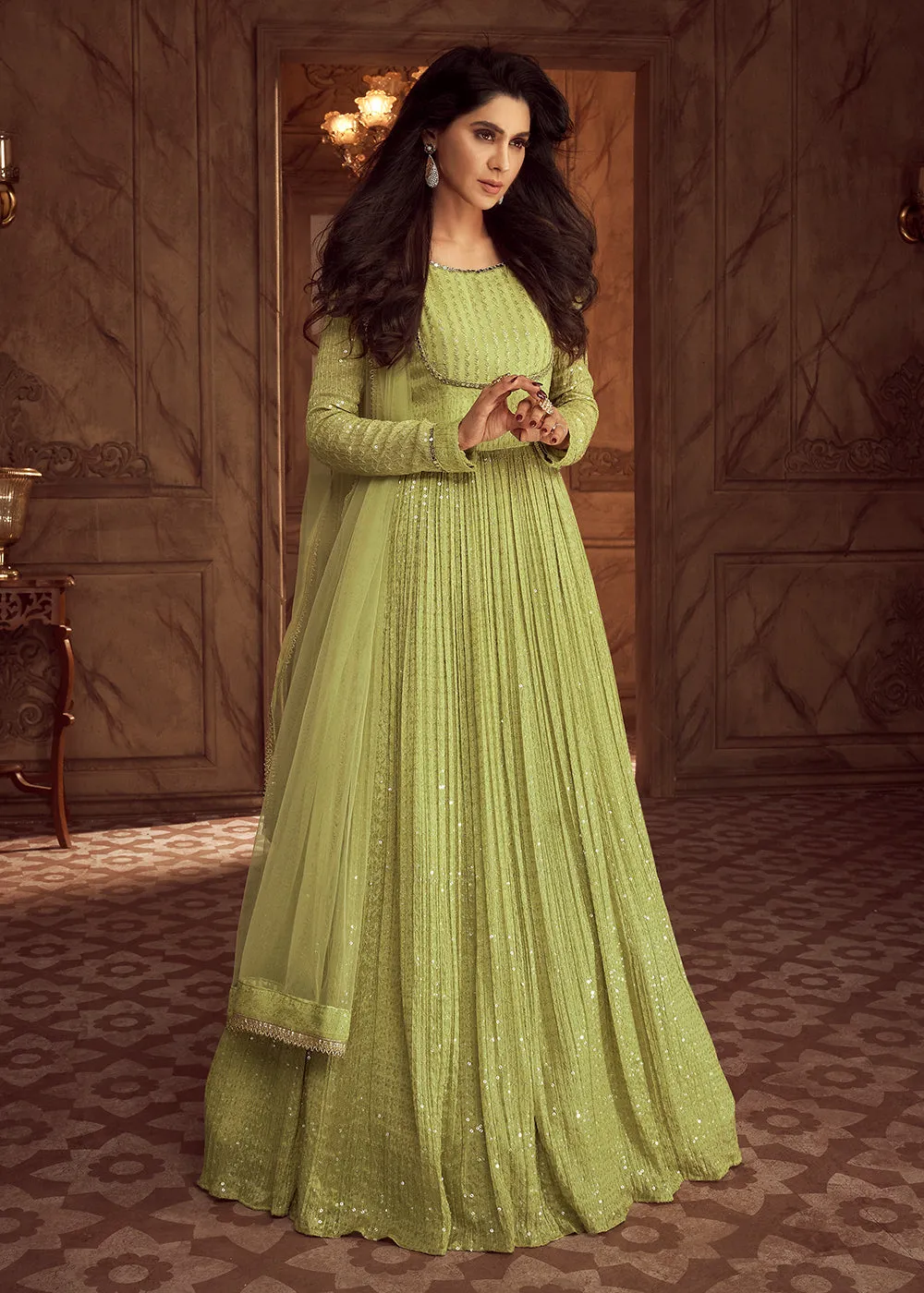 Green Heavy Georgette Embroidered Wedding Party Anarkali Gown