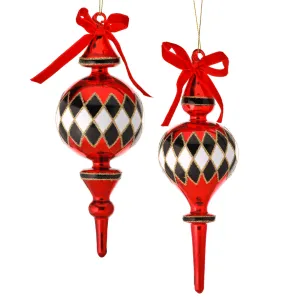 Harlequin Glass Finial Ornaments - Red/Black/White, 8-9"