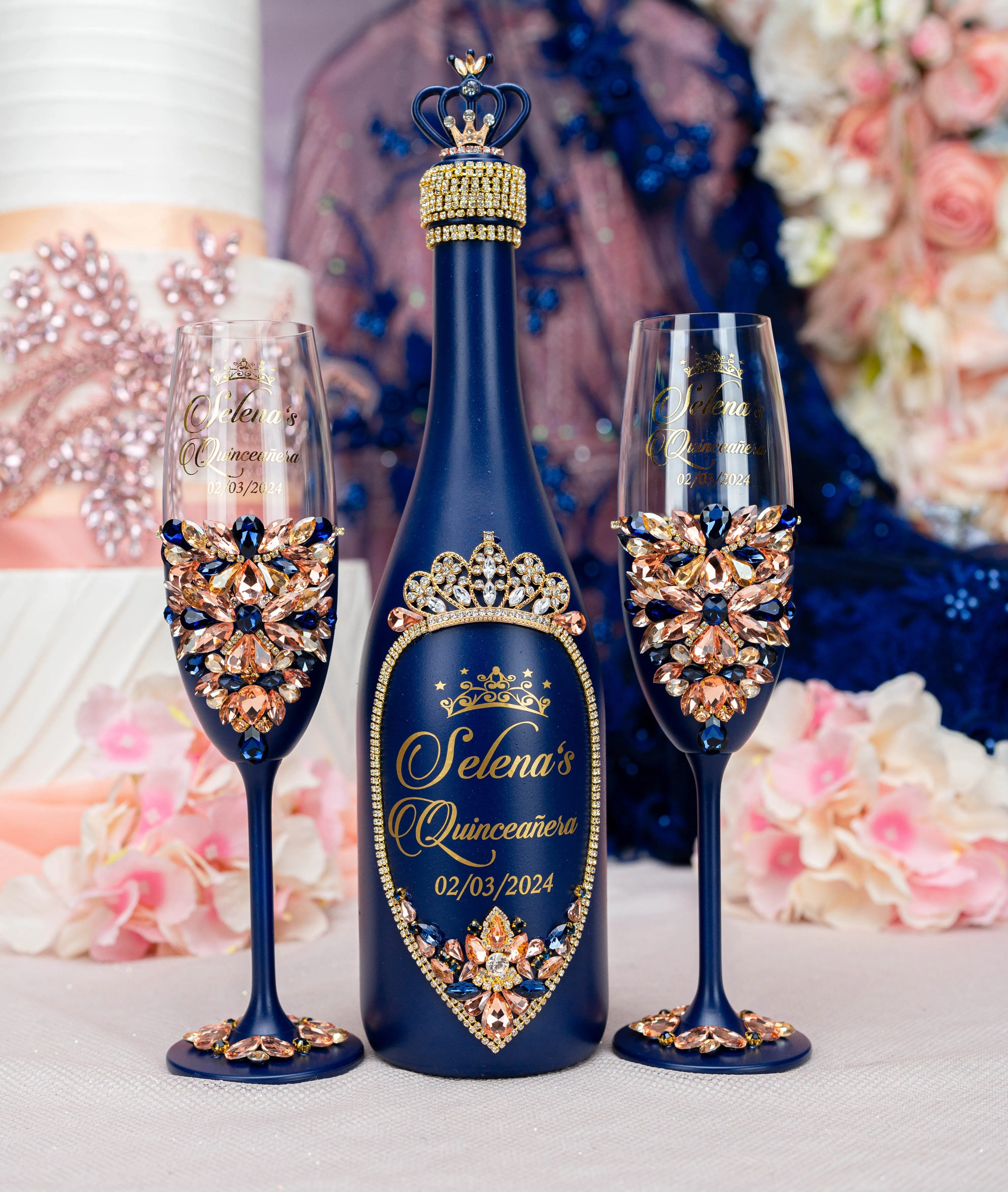 Navy Blue with Rose Gold quinceanera bottle