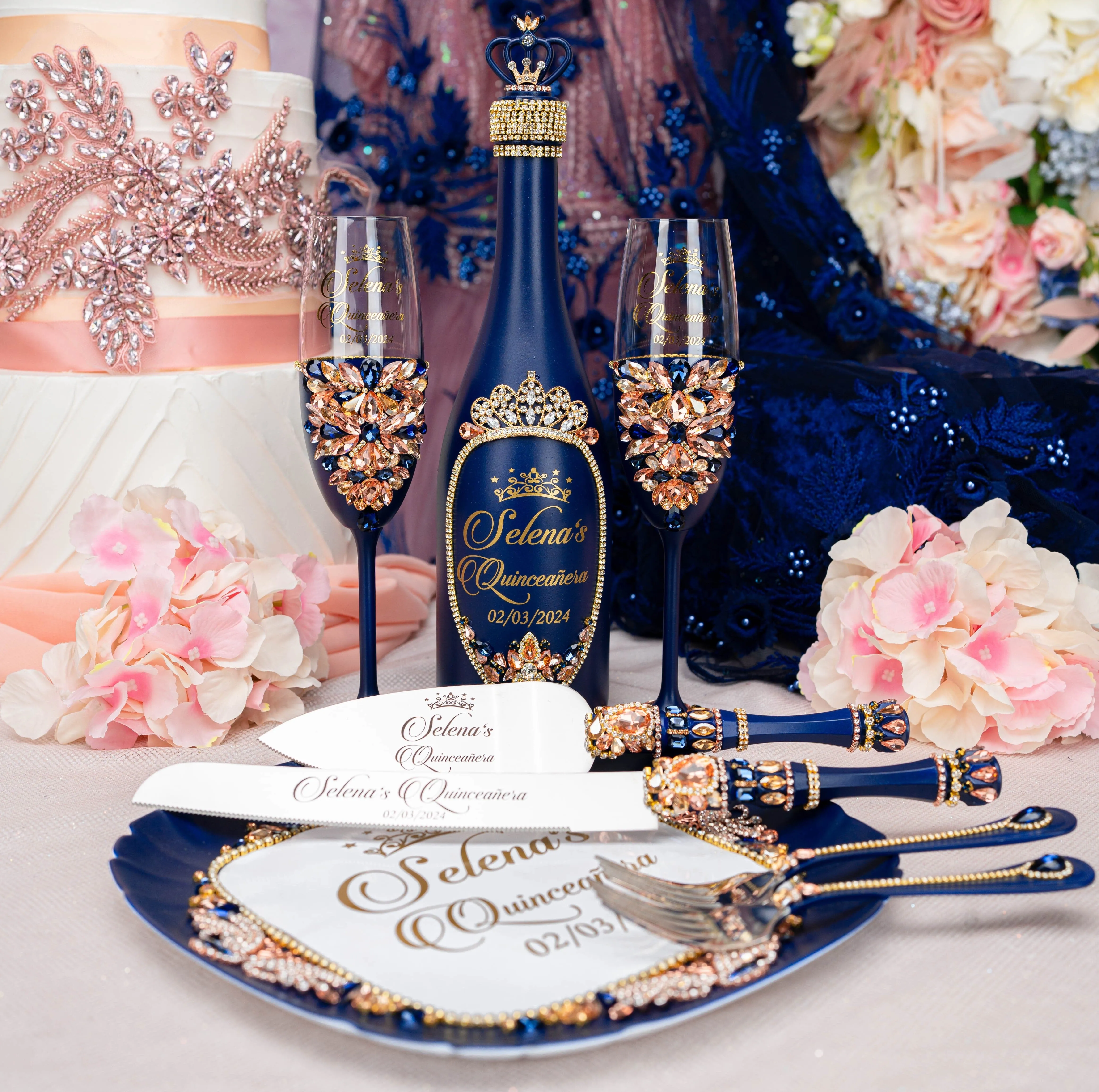 Navy Blue with Rose Gold quinceanera bottle