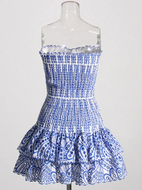 New Arrival Strapless Slim Ruffle Hem Embroidered Short Dress