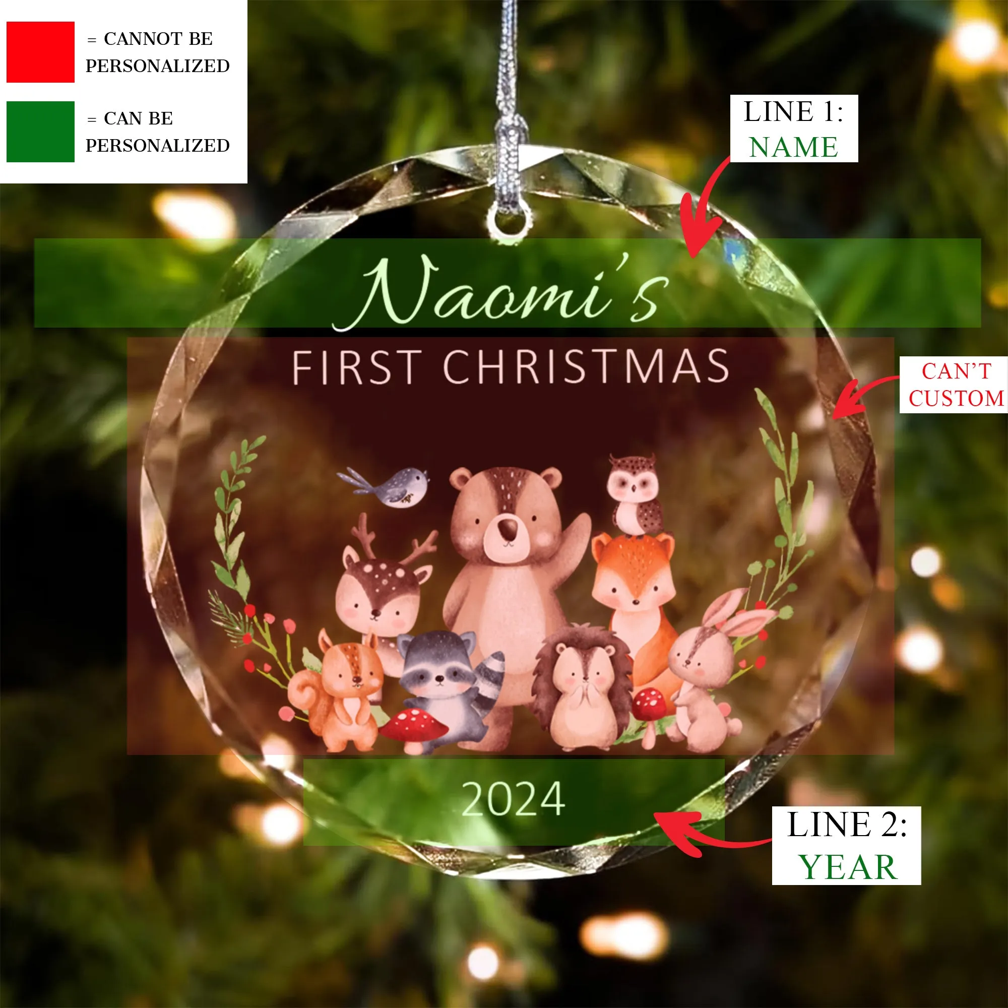Personalized Baby's First Christmas Glass Ornament, Personalized Woodland Creatures, Baby Deer Ornament, Holiday Keepsake Ornament, New Baby Gift, 2024 Custom Baby Ornament GX02-22