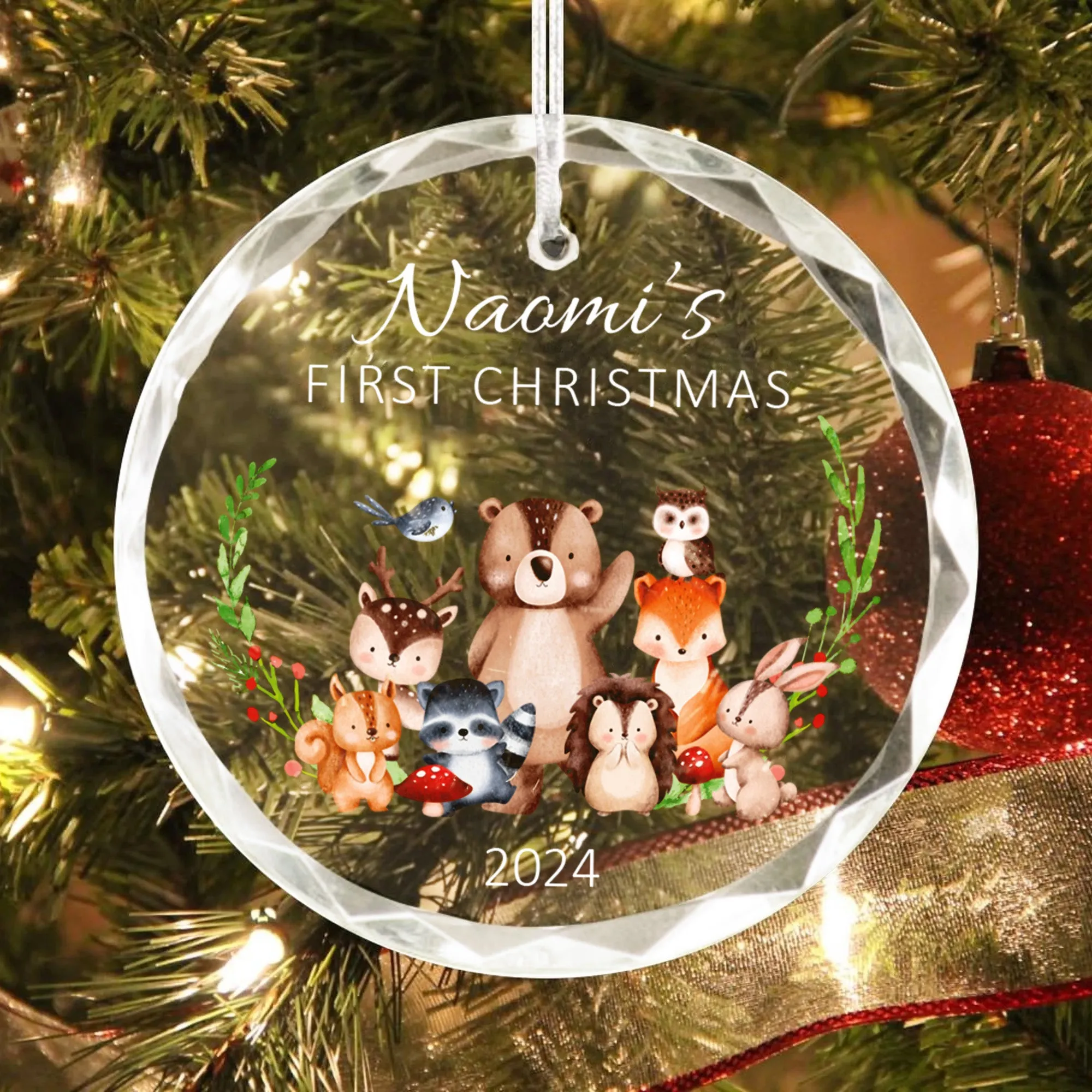 Personalized Baby's First Christmas Glass Ornament, Personalized Woodland Creatures, Baby Deer Ornament, Holiday Keepsake Ornament, New Baby Gift, 2024 Custom Baby Ornament GX02-22