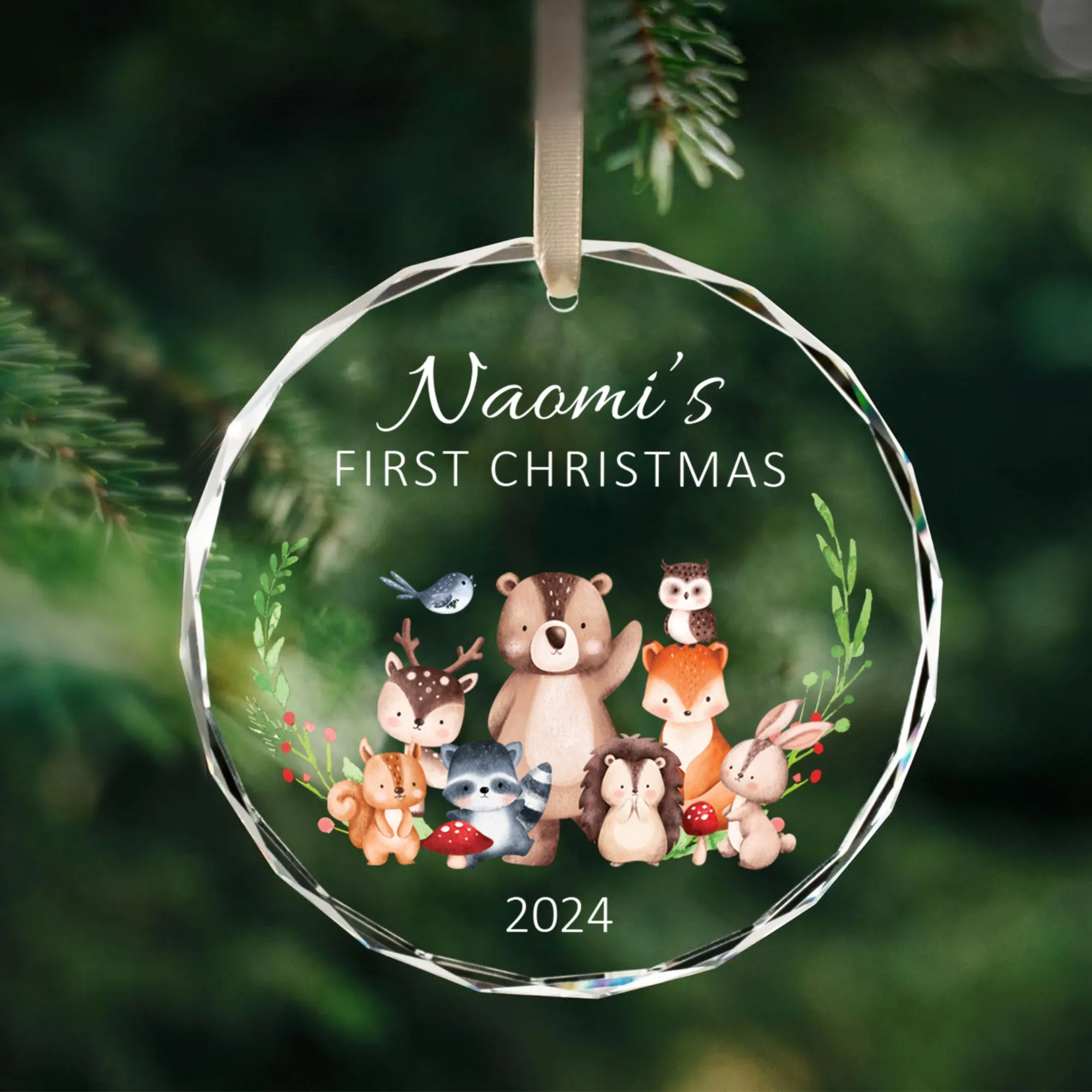 Personalized Baby's First Christmas Glass Ornament, Personalized Woodland Creatures, Baby Deer Ornament, Holiday Keepsake Ornament, New Baby Gift, 2024 Custom Baby Ornament GX02-22