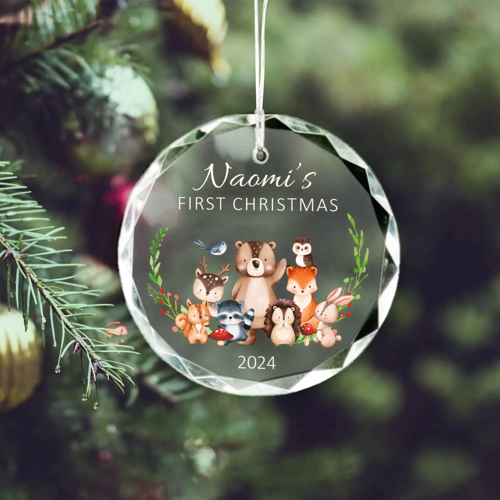 Personalized Baby's First Christmas Glass Ornament, Personalized Woodland Creatures, Baby Deer Ornament, Holiday Keepsake Ornament, New Baby Gift, 2024 Custom Baby Ornament GX02-22