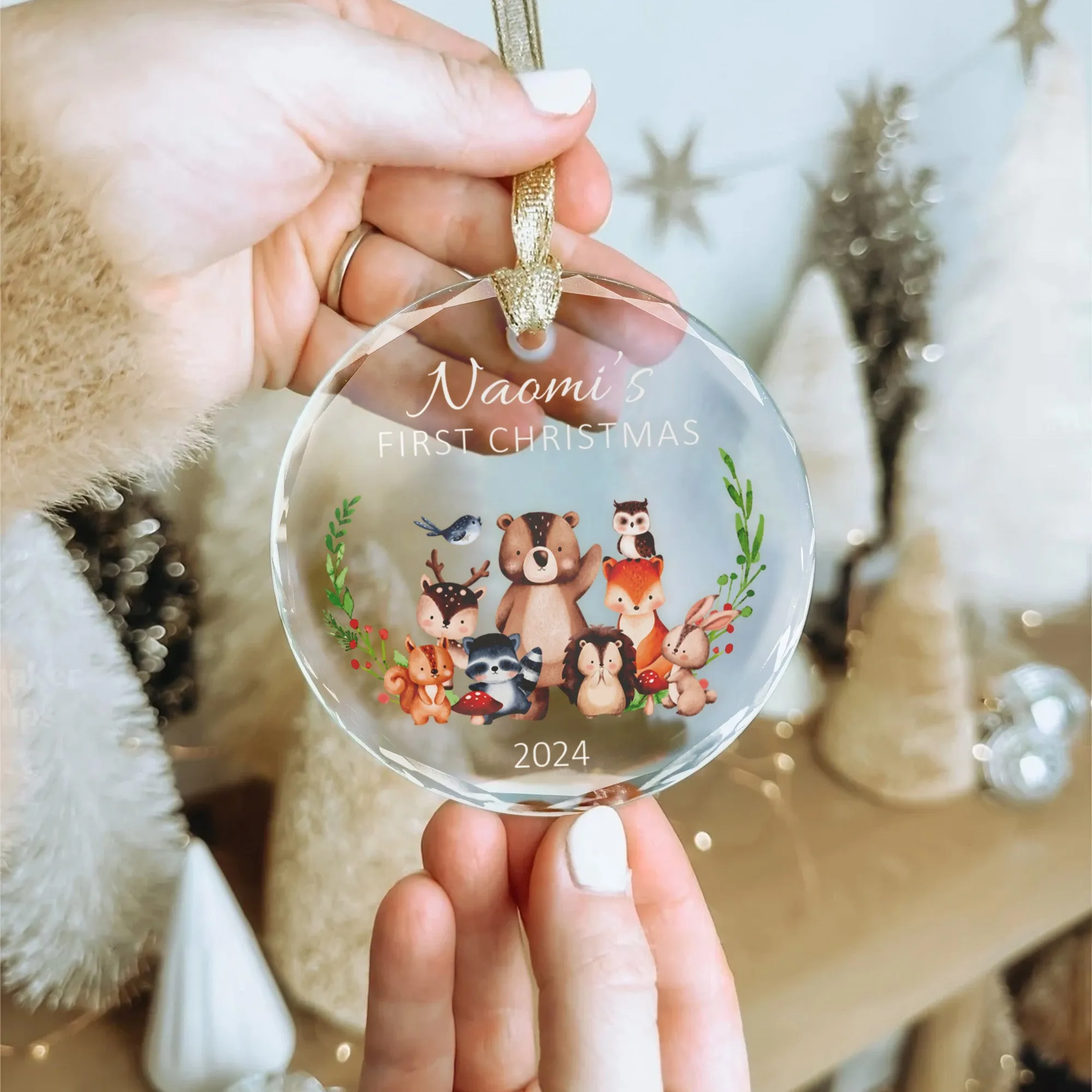 Personalized Baby's First Christmas Glass Ornament, Personalized Woodland Creatures, Baby Deer Ornament, Holiday Keepsake Ornament, New Baby Gift, 2024 Custom Baby Ornament GX02-22