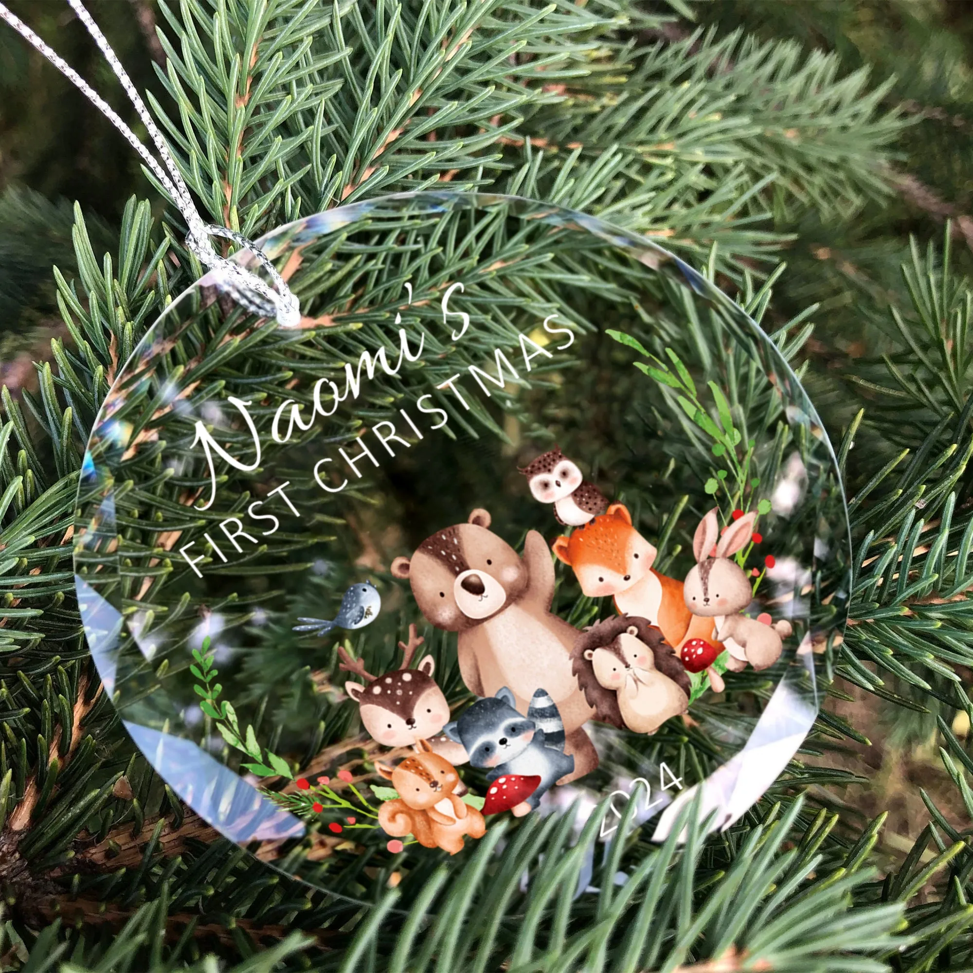 Personalized Baby's First Christmas Glass Ornament, Personalized Woodland Creatures, Baby Deer Ornament, Holiday Keepsake Ornament, New Baby Gift, 2024 Custom Baby Ornament GX02-22