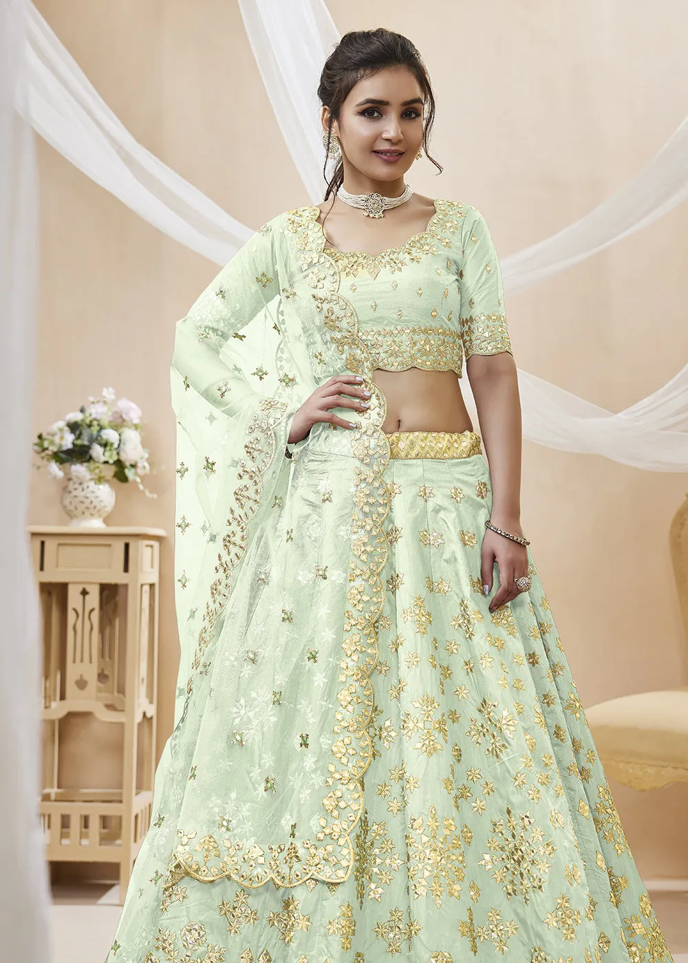 Pistachio Green Art Silk Embroidered Reception Wear Lehenga Choli