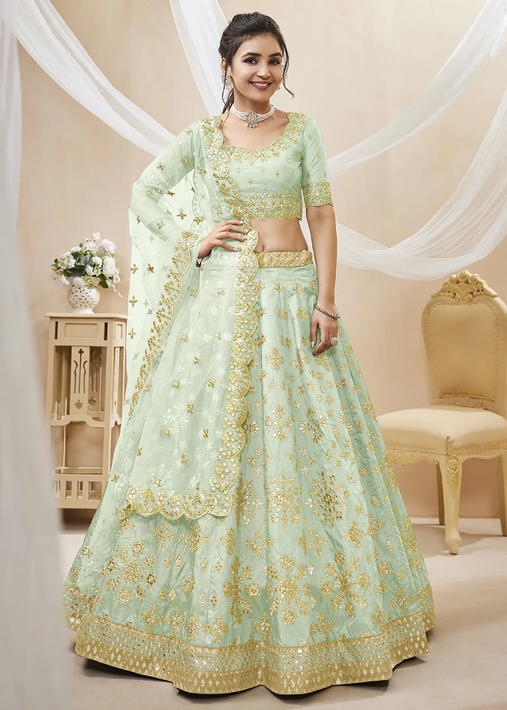 Pistachio Green Art Silk Embroidered Reception Wear Lehenga Choli