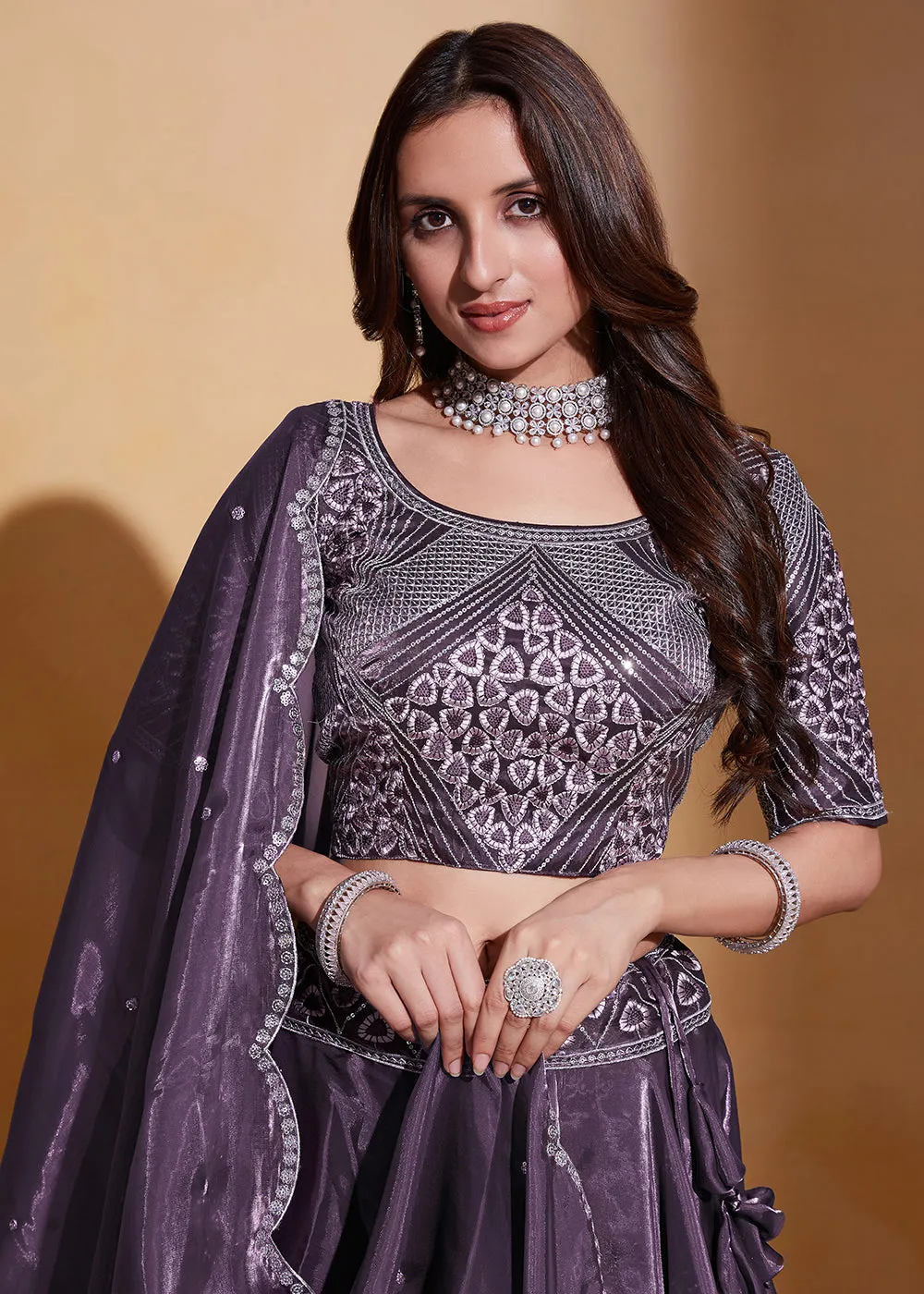 Purple Organza Silk A Line Festive Party Lehenga Choli