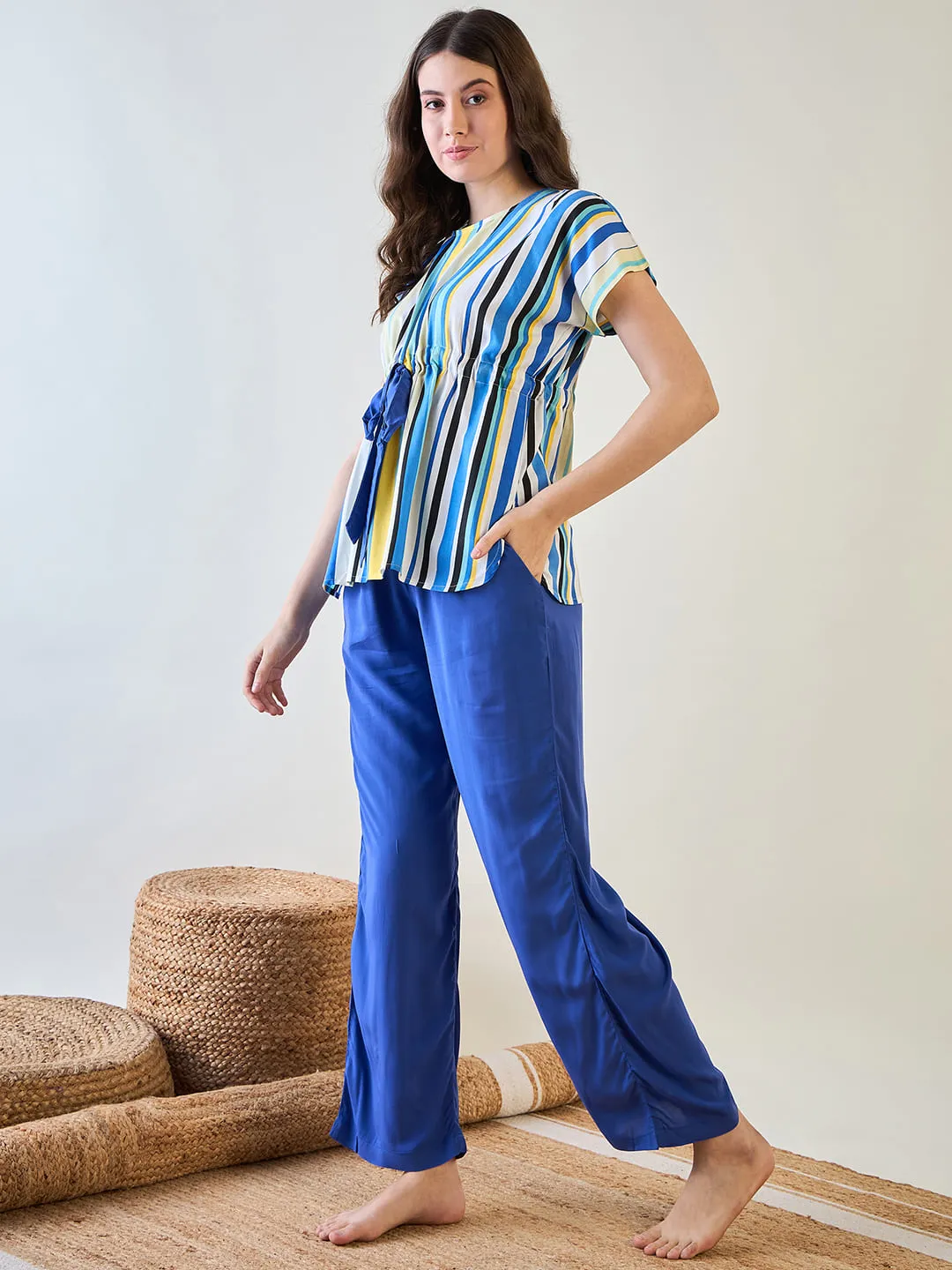 Stylish Women’s Striped Top and Blue Pajama Set