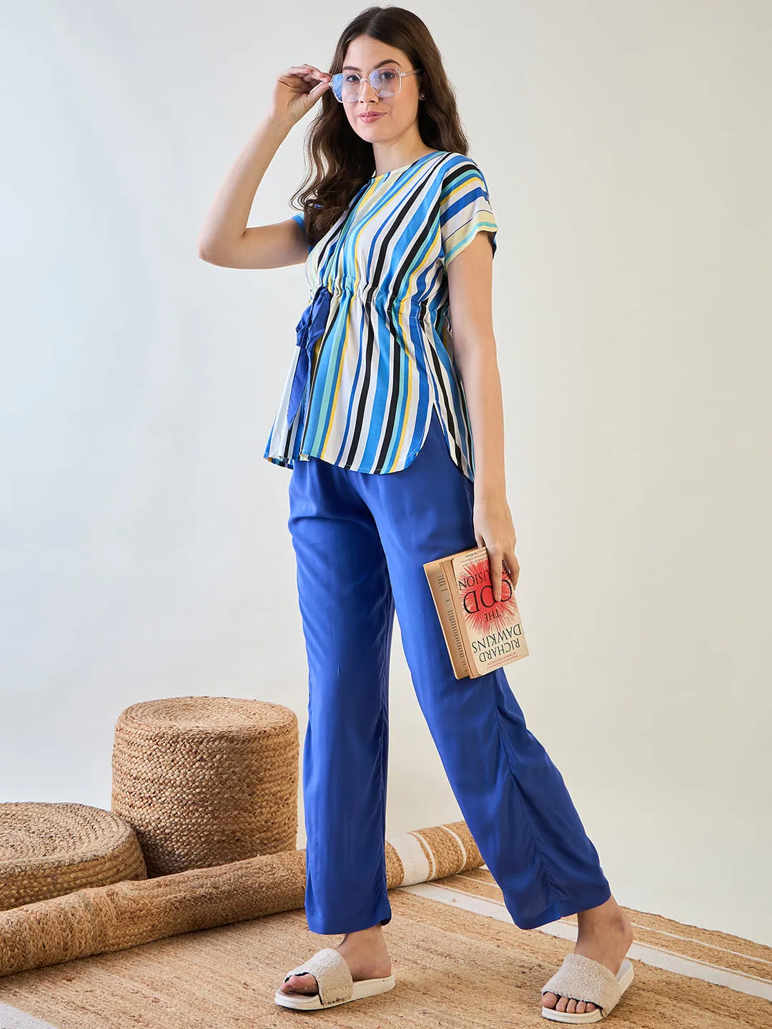 Stylish Women’s Striped Top and Blue Pajama Set