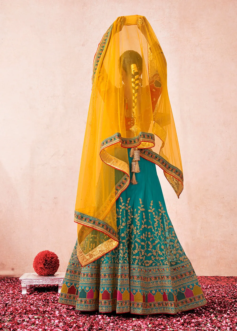 Traditional Turquoise & Maroon Kalidar Embroidered Net Lehenga Choli
